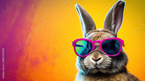 Cute bunny rabbit wearing sunglasses colorful background