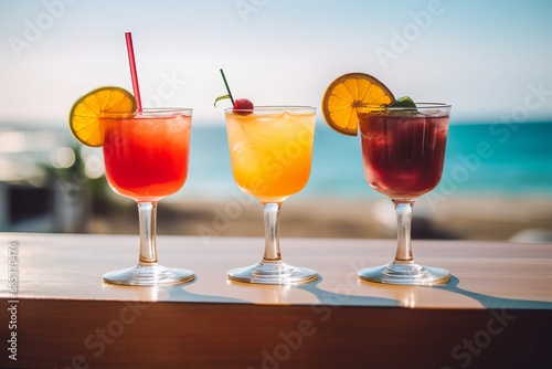 Vibrant summer cocktails or mocktails in glass tumblers with ice  adorned with colorful fruits on sunny beach bar table. Refreshing and visually appealing  perfect for warm days and festive occasions.