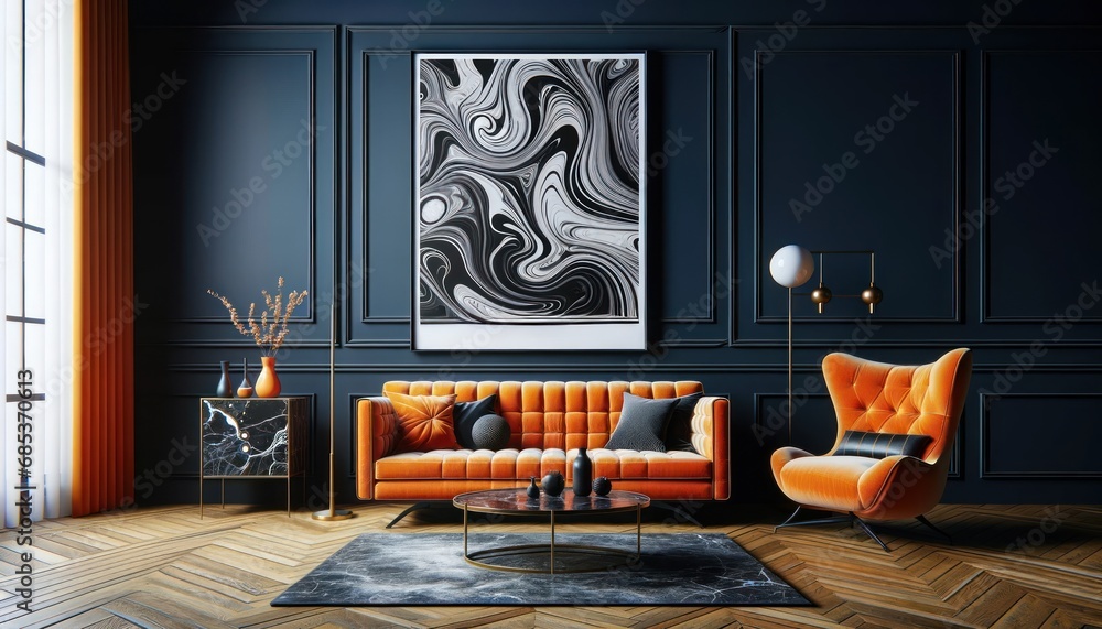 Φωτογραφία Art Deco Living Room with Orange Sofa, Dark Blue Wall