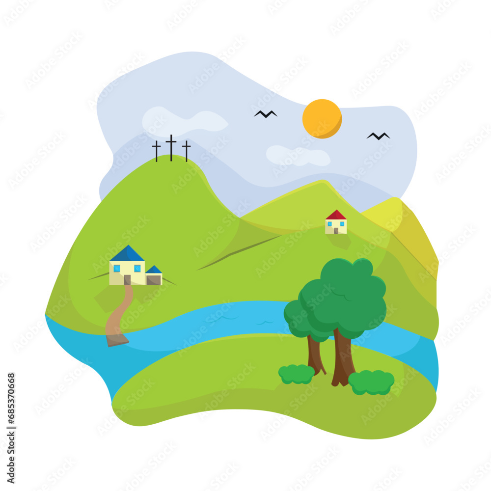 Obraz premium Colored summer landscape with trees and a river Vector