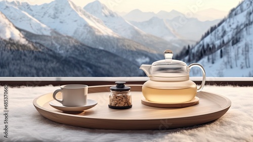 an alpine retreat with two steaming cups of herbal tea set against the backdrop of snow-capped mountains in a modern minimalist style.