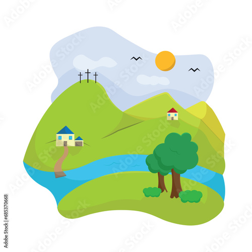 Colored summer landscape with trees and a river Vector