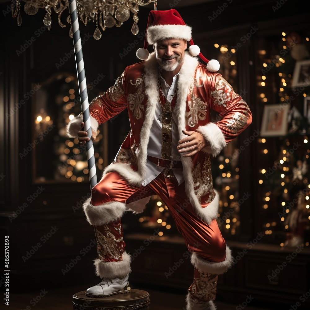 Male stripper dressed as Santa Claus. Athletic sexy guy. Emotional face