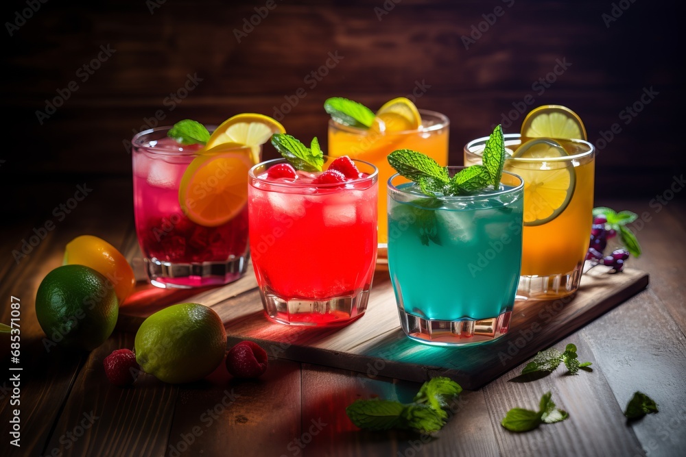 Fototapeta premium Vibrant summer cocktails or mocktails in glass tumblers with ice, adorned with colorful fruits. Refreshing and visually appealing, perfect for warm days and festive occasions.