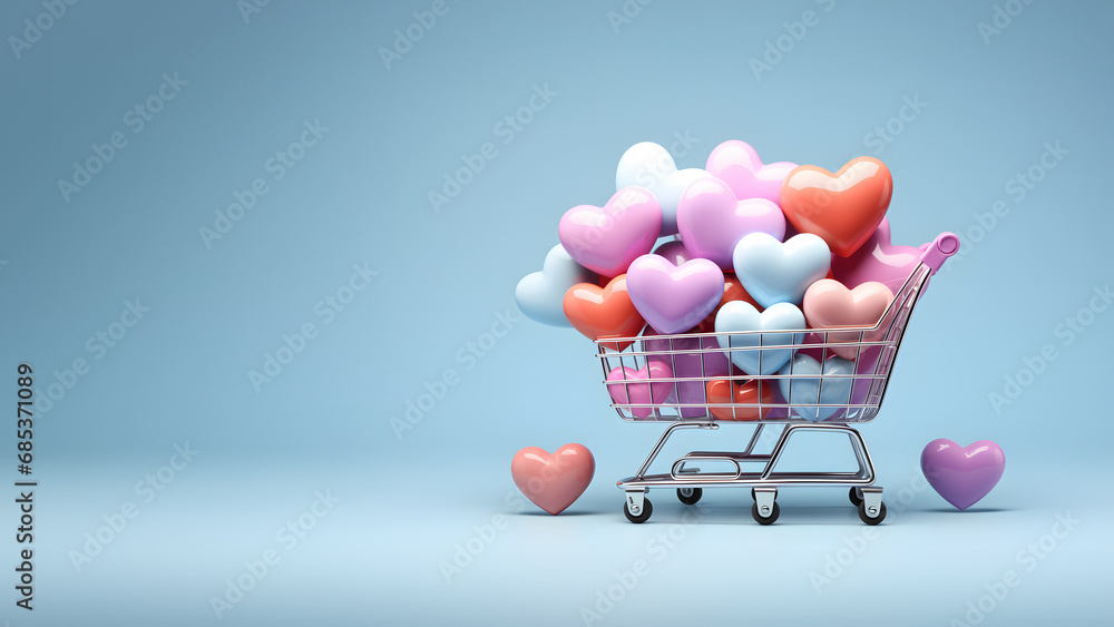 Shopping cart banner with heart shaped balloons. E-commerce. Mother's Day and Valentine's concept. Romantic background. Copy space.