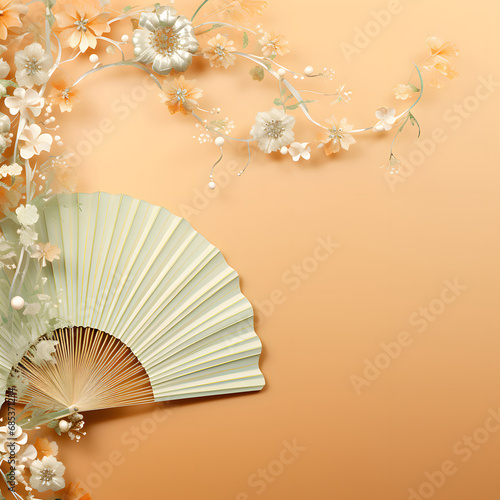 An elegant refined  light fan  with pattern bordered with a floral arrangement on a pastel orange background.