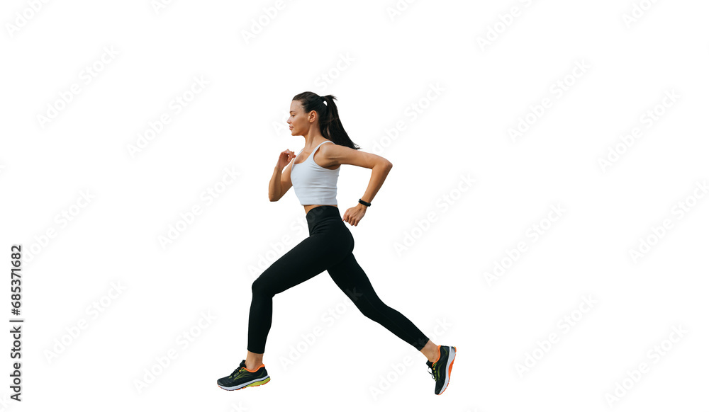Young brunette multi ethnic woman running against transparent background , preparing for olympics. Fit  American girl in sportswear jogging. Sport, fitness, active people. Female trainer at exercise.