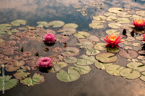 Bild auf Leinwand Blooming different plant variety of nympheas in the pond