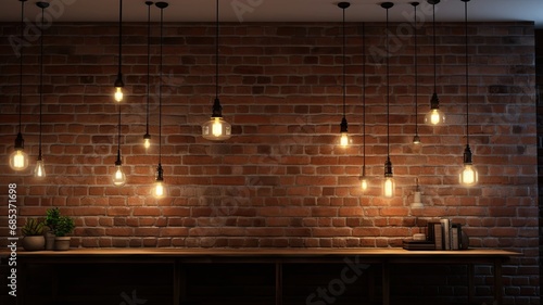 a set of pendant lights in a modern minimalist style, elegantly suspended against a background of a textured brick wall.