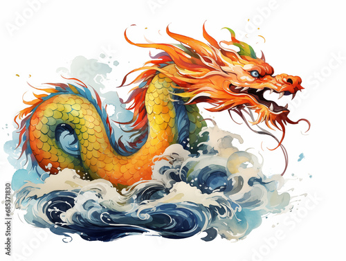Watercolor illustration of fantasy dragon on white background