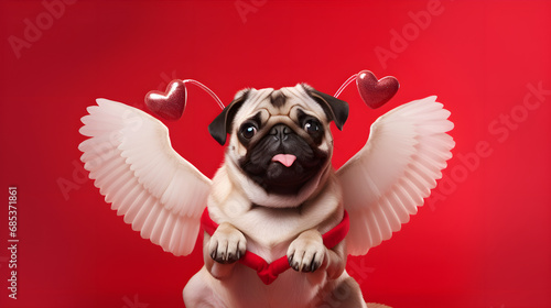 Happy pug cupid in costume with angel wings. Valentine's day concept photo