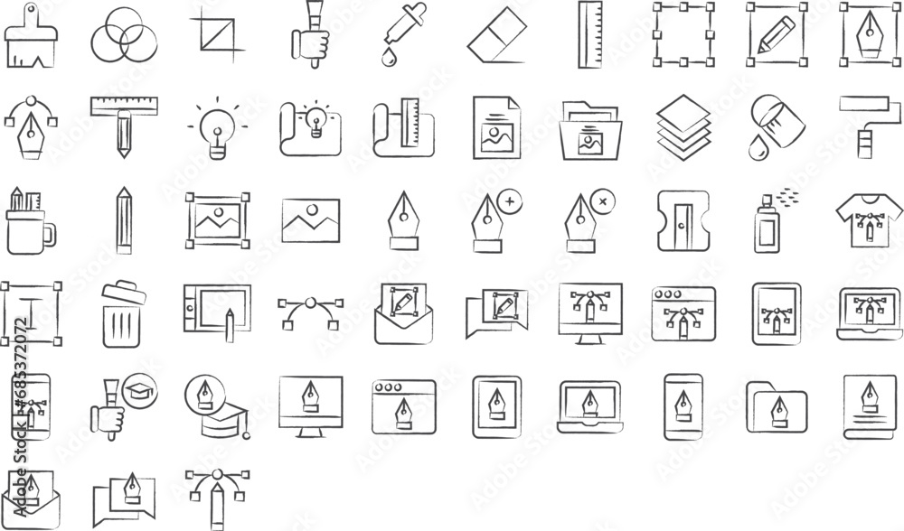 Graphic design hand drawn icons set, including icons such as Add Point, Color, Crop, Brush, Dropper, and more. pencil sketch vector icon collection Graphic design hand drawn icons set, including icons such as Add Point, Color, Crop, Brush, Dropper, and more. pencil sketch vector icon collection