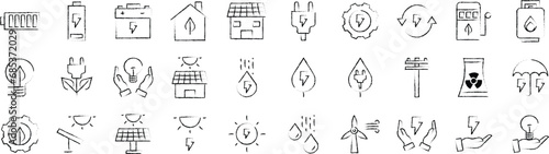 Energy and smart home hand drawn icons set, including icons such as Eco Gas, Energy Source, Magnet, Nuclear, and more. pencil sketch vector icon collection