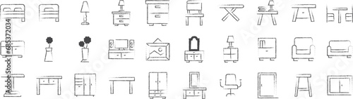 Home interior and decor hand drawn icons set, including icons such as Cabinet, Nightstand, Lamp, Door, Dining, and more. pencil sketch vector icon collection