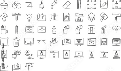 Graphic design hand drawn icons set, including icons such as Add Point, Color, Crop, Brush, Dropper, and more. pencil sketch vector icon collection