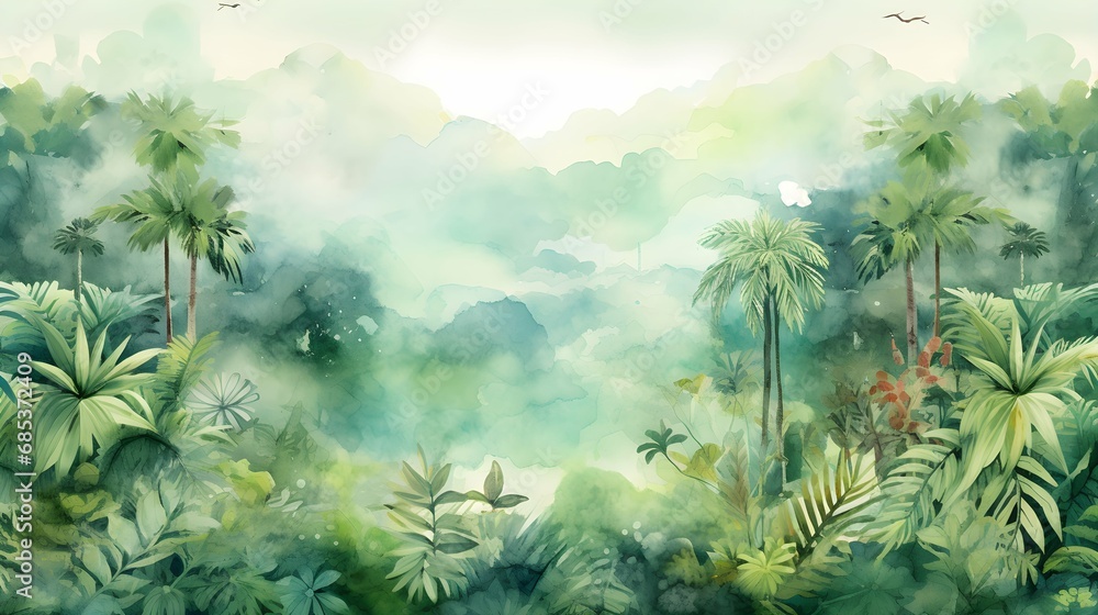 Watercolor pattern wallpaper painting of the Amazon forest landscape and a picturesque natural environment in harmonious colors. Generative AI