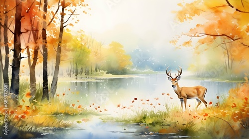 spring watercolor painting forest in autumn with trees and wildflowers with deer in lake a landscape for the interior art drawing. Generative AI