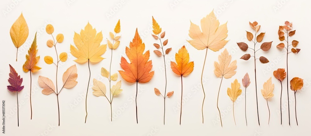 Pressed colorful dry leaves from different trees arranged creatively on beige paper cards, resembling an autumn herbarium. Top view background, showcasing a crafty hobby using natural materials.