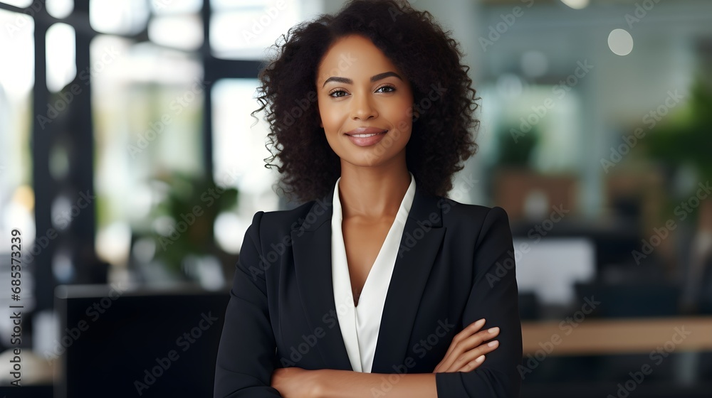 smart elegance female african adult businesswoman standing smile confident and cheerful wear formal suit portrait shot in modern interior office background. Generative AI smart elegance female african adult businesswoman standing smile confident and cheerful wear formal suit portrait shot in modern interior office background. Generative AI