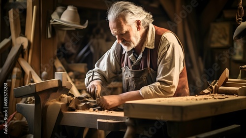 old mature professional artisan artist cratsman working on new wooden handywork concentrate carpenter working in home studio. Generative AI photo