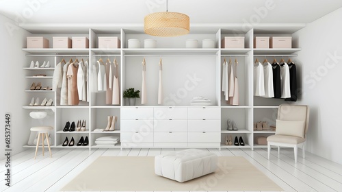 home interior design template mockup room ideas concept with bright white walkin closet space management with cabinet and area organize home background. Generative AI photo