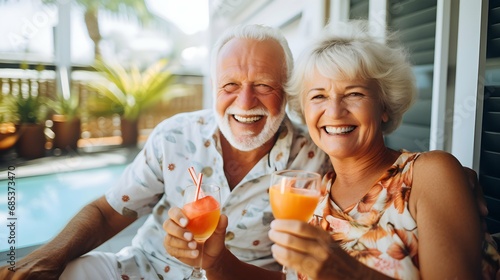 happiness old couple pension retired marry couple enjoy vacation at home hand hold alcohol cocktail drink summertime cheerful casual lifestyle. Generative AI photo