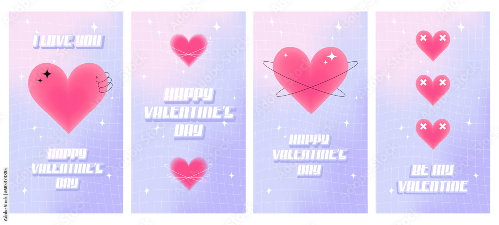 Happy Valentine's Day greeting card set in y2k style. Social media stories templates. Trendy aesthetic minimalist vector illustrations with aura hearts, abstract shapes, stars, gradient.