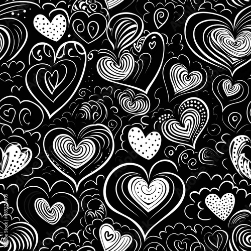 hand-drawn doodle seamless pattern with hearts, black and white. Generative AI photo