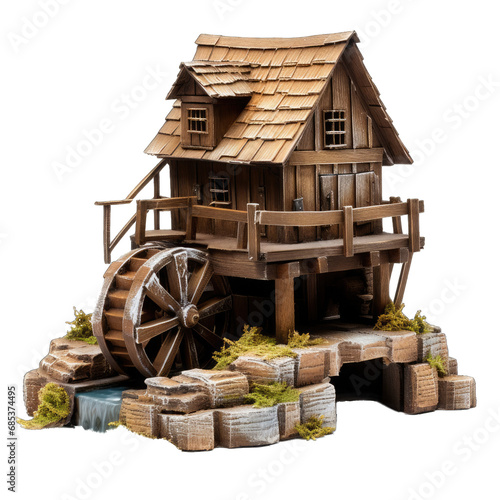 Miniature Watermill Model. Isolated on a Transparent Background. Cutout PNG.