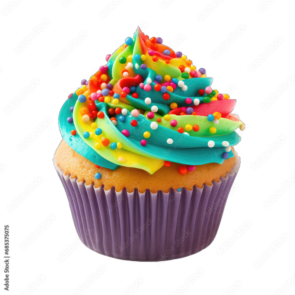 Rainbow Cupcake With Sprinkles. Vibrant Rainbow Cupcake Topped With Colorful Sprinkles Isolated to Showcase Its Playful and Sweet Design.. Cutout PNG. Rainbow Cupcake With Sprinkles. Vibrant Rainbow Cupcake Topped With Colorful Sprinkles Isolated to Showcase Its Playful and Sweet Design.. Cutout PNG.