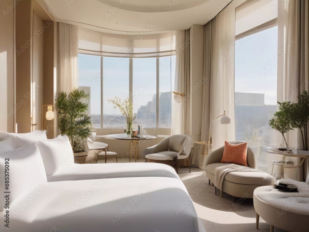 Fototapeta premium Modern Luxury Unveiled: Step Inside the Ultimate Tranquil Retreat of a Sleek Hotel Room!