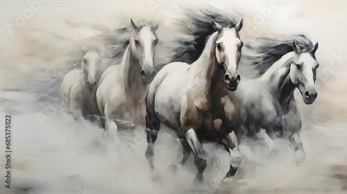 abstract textured drawing horses in wildlife shaded oil painting for Interior Murals Wall Art Décor. Generative AI