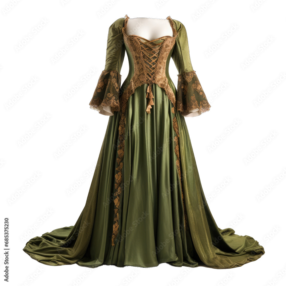 Renaissance Fair Costume Gown. A Richly Detailed Renaissance Fair Costume Gown Isolated to Capture Its Historical Accuracy and Theatrical Flair.. Cutout PNG.