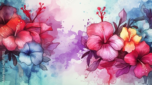 Hibiscus flower with watercolor style for background and invitation wedding card, AI generated image © atapdesain