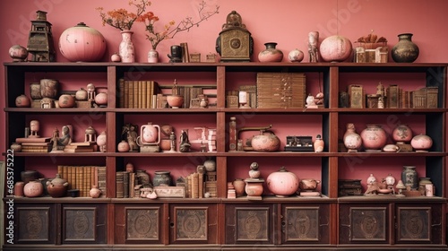 A fusion of culture a?" Japanese-style wall adorned with vintage vases and stacks of old books in shades of dusty rose.