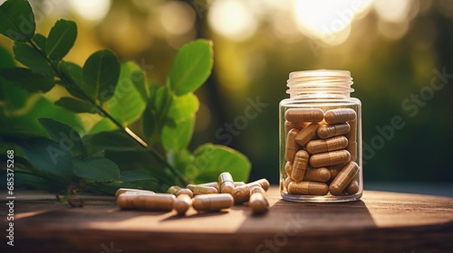 Ashwagandha capsules in a glass jar on a wooden table with plants visible in the background