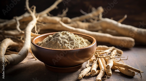 Ashwagandha root powder lying on a wooden table in a bowl, herbal treatment photo