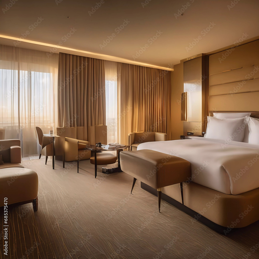 Fototapeta premium Modern Luxury Unveiled: Step Inside the Ultimate Tranquil Retreat of a Sleek Hotel Room!