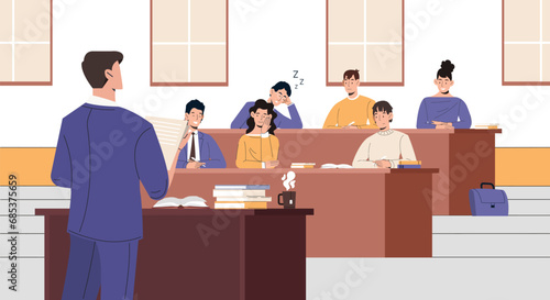 People in auditorium. Lecture in university or lesson in schol. Education, learning and training. Young guys and girls listen man. Public speaker, orator. Cartoon flat vector illustration