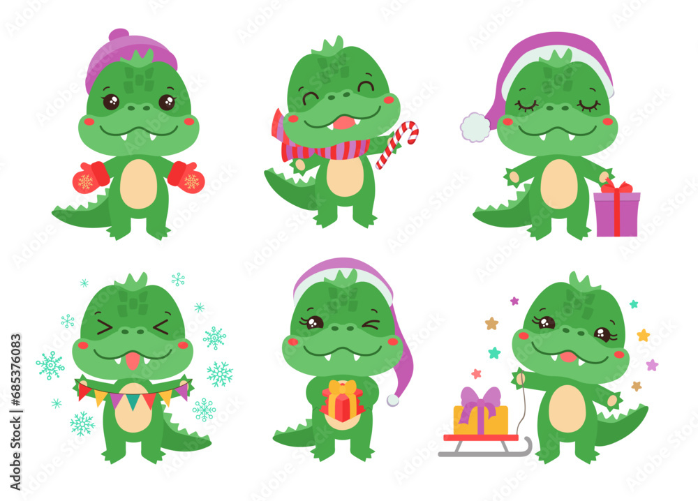 Fototapeta premium Cute dragon cartoon character Christmas theme kawaii dinosaur vector illustration. Adorable tiny lizard chibi anime character baby dragon mascot. Chinese new year children illustration fun doodle.