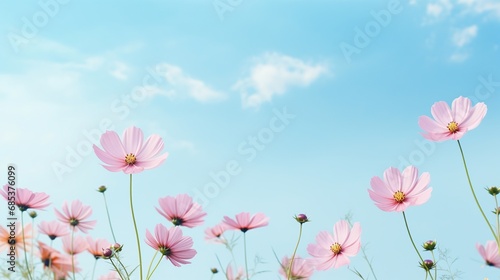 Pink cosmos flower blooming in the field in sunny day. AI generated image © atapdesain