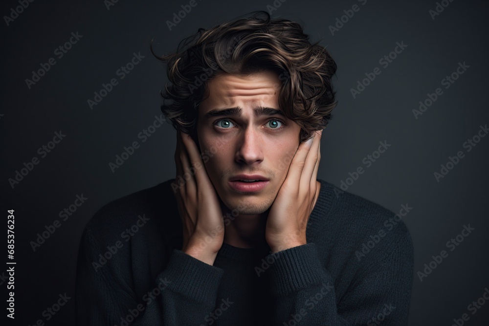 young man posing in the studio with an expression of surprise and worry