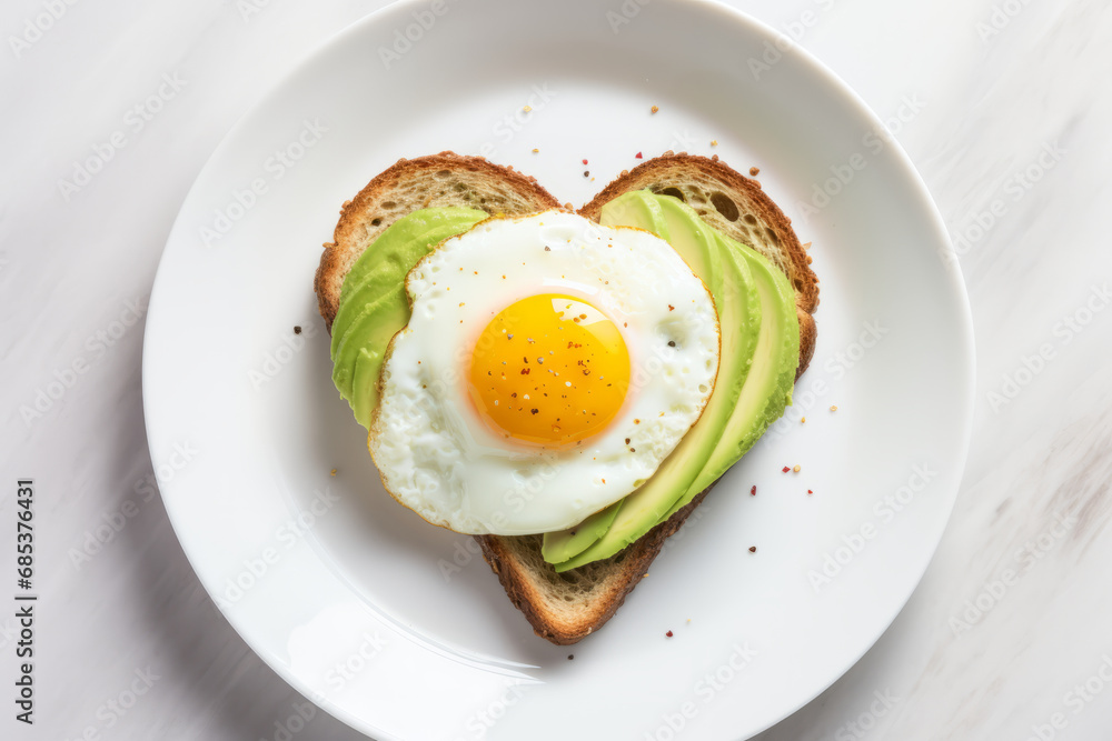 A fried egg with avocado on a heart shaped slice of toast A fried egg with avocado on a heart shaped slice of toast