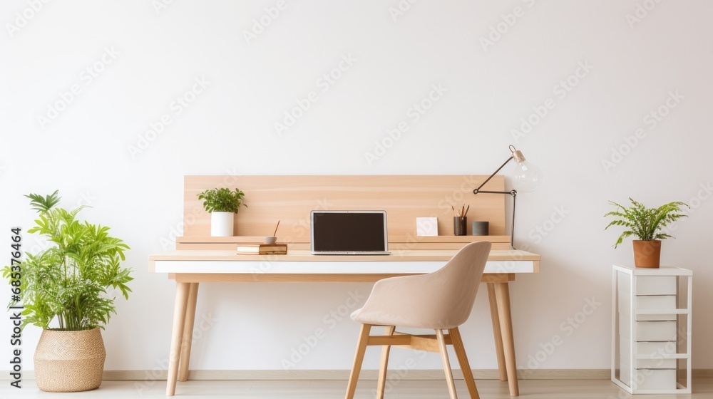 Fototapeta premium Home office setup with a laptop on a wooden desk, flanked by indoor plants.