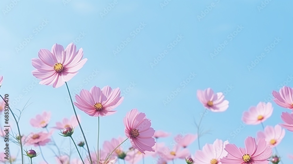Pink cosmos flower blooming in the field in sunny day. AI generated image