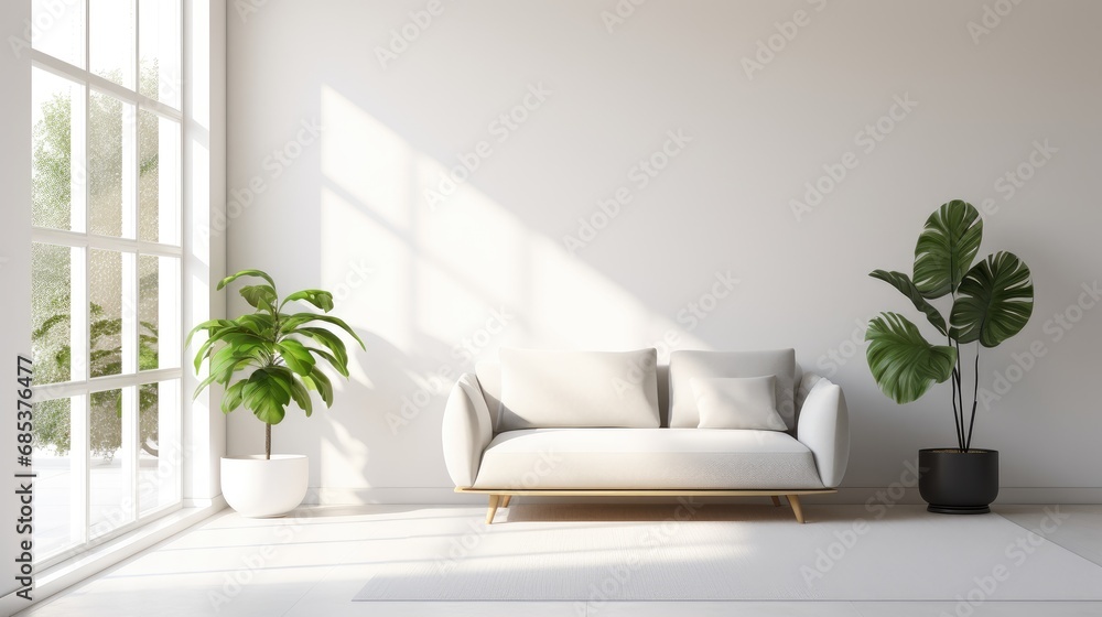 A minimalist living room interior with a modern white couch and two lush houseplants in sleek pots by a large window, allowing natural light to cast soft shadows on a clean white wall.