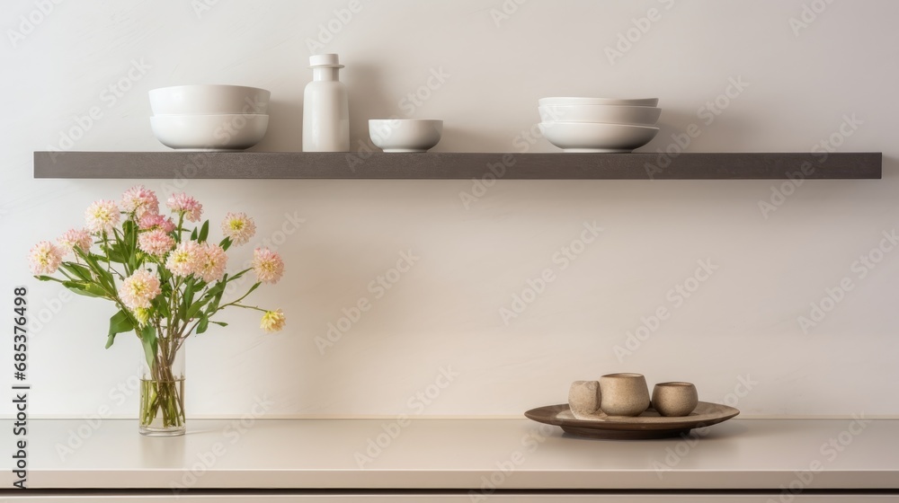 Modern kitchen shelf with white crockery and a vase of delicate pink flowers. Modern kitchen shelf with white crockery and a vase of delicate pink flowers.