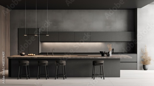 Sleek dark-toned kitchen with integrated lighting and floating shelves.