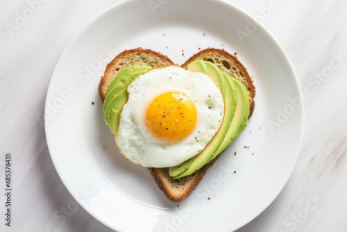 A fried egg with avocado on a heart shaped slice of toast