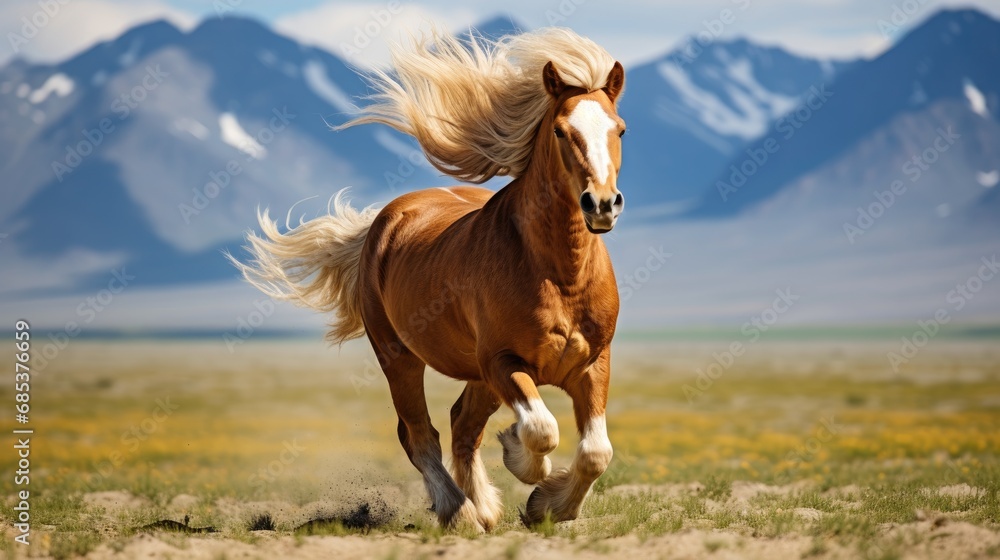 A graceful horse with a blonde mane trots in a vast field with the backdrop of distant mountains under a clear blue sky. A graceful horse with a blonde mane trots in a vast field with the backdrop of distant mountains under a clear blue sky.